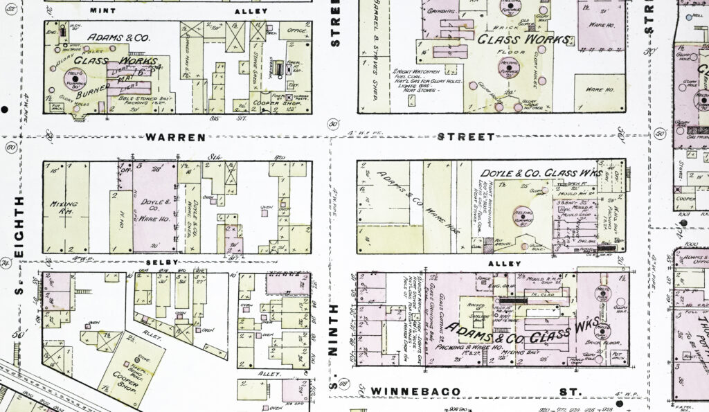 Adams & Co. Sanbord Map 1884 that includes a notation of the operation that was destroyed by fire May 6, 1884