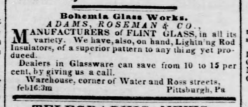 Bohemia Glass Works, Adams, Roseman & Co. Pittsburgh Post 1852
