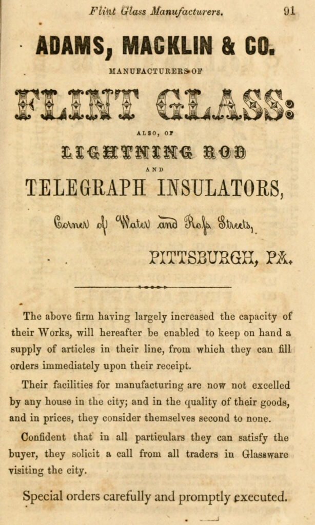 Adams glass Advertisement as it appeared in Pittsburgh Quarterly Trade Circular Oct 1857