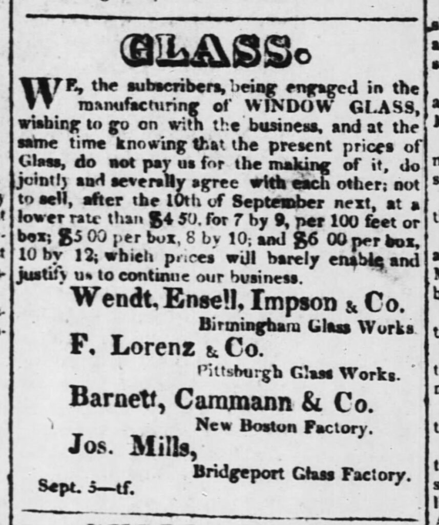 Glass advertisement 1823 as published in the Pittsburgh Weekly Gazette