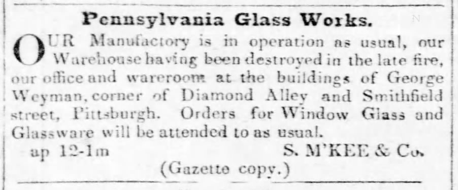 S. McKee & Co. relocation notice due to the fire of 1845 as published in the Pittsburgh Post 1845