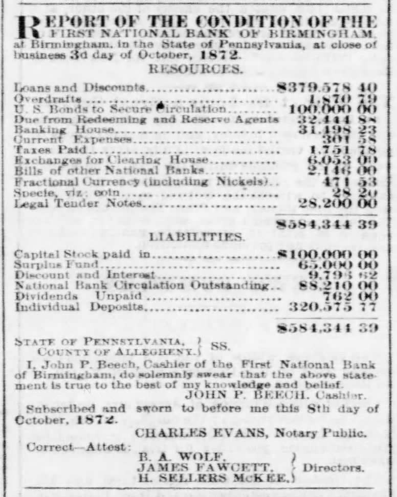 First National Bank of BIrmingham report 1872 as published in the PIttsburgh Commercial