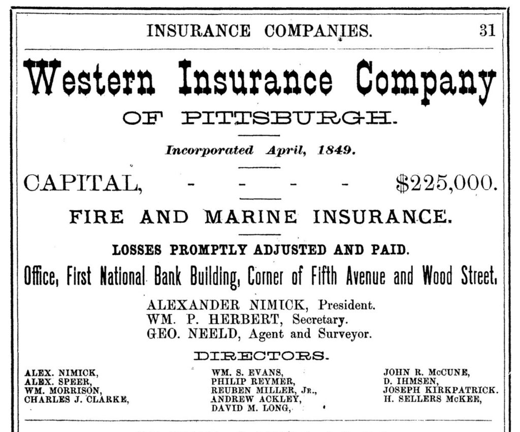 Western Insurance Company Ad 1872 in Directory of Pittsburgh and Allegheny Insurance with Sellers McKee
