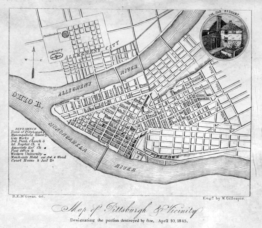 April 10, 1845 Map of Damage to the Burrough of Pittsburgh from A full account of the great fire at Pittsburgh by J. Heron Foster