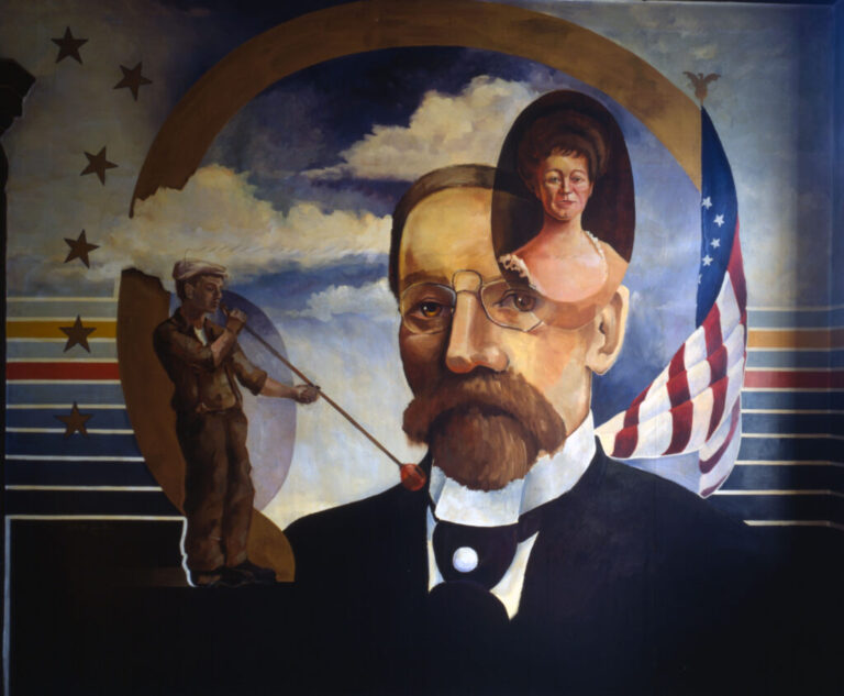 Photograph of the mural of H. Sellers and Jeannette McKee, city founders, that was located at the City Hall of Jeannette, PA. It has since been painted over.