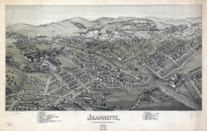 1897 Map of Jeannette, PA with the Chambers and McKee factories marked as 15 and 16