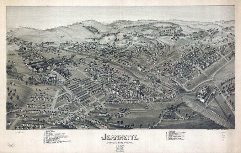 1897 Map of Jeannette, PA with the Chambers and McKee factories marked as 15 and 16