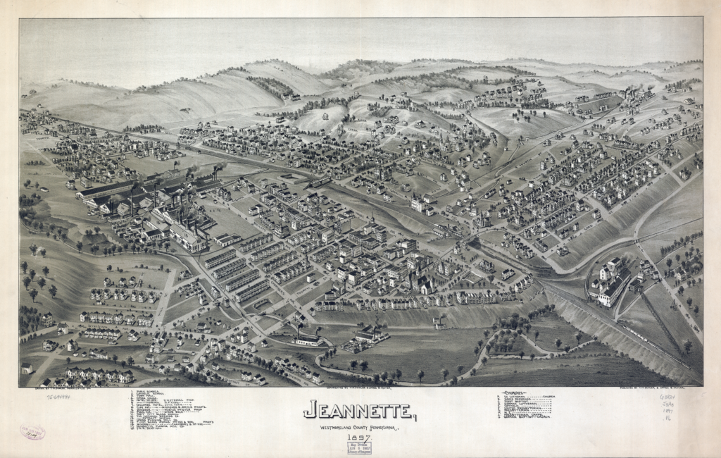 1897 Map of Jeannette, PA with the Chambers and McKee factories marked as 15 and 16