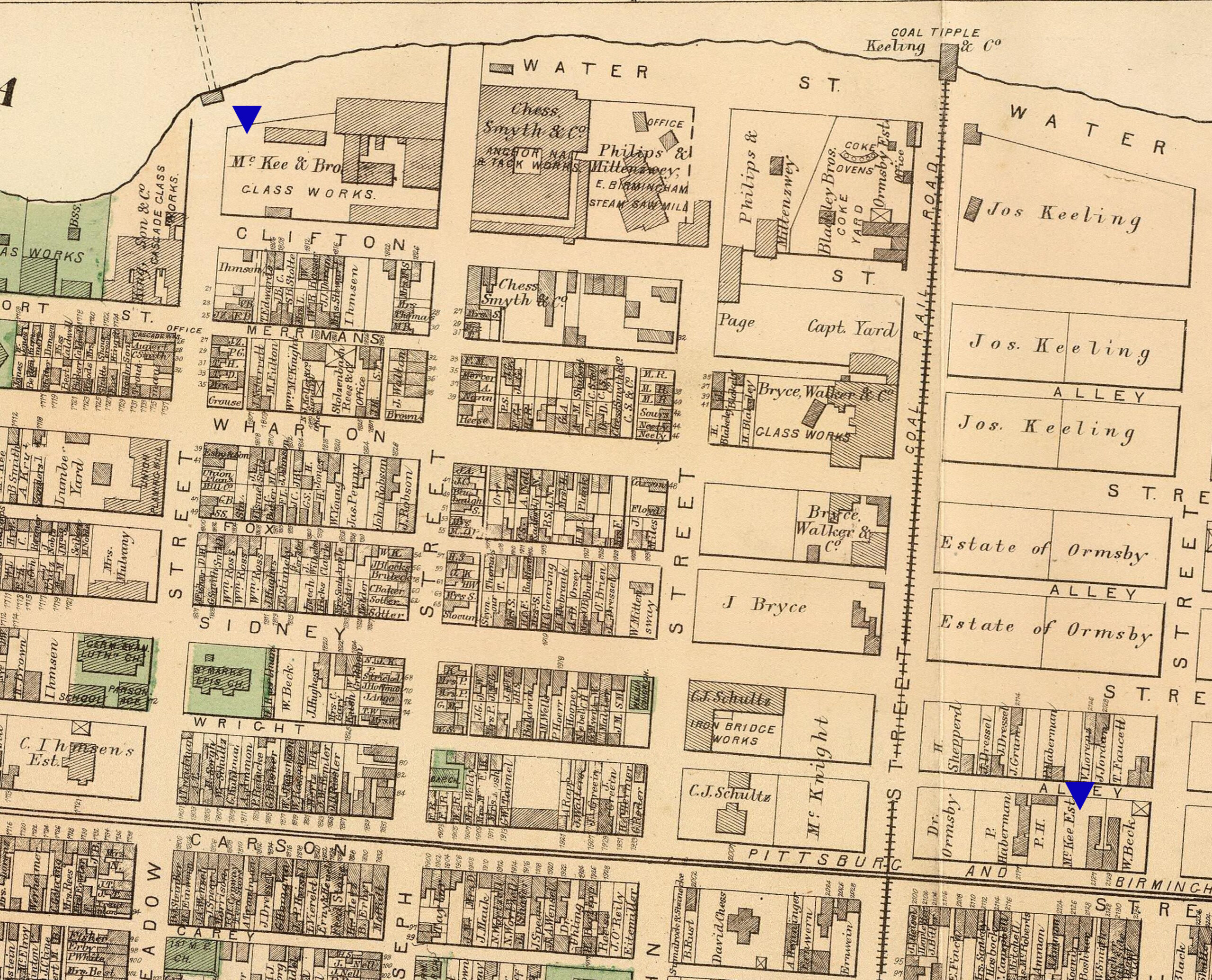 Map showing Frederick McKee's home at 2127 Carson Street and the McKee & Bros factory at Joseph and Clifton Streets, Sout Side, Pittsburgh, PA 1872 G. M. Hopkins Company